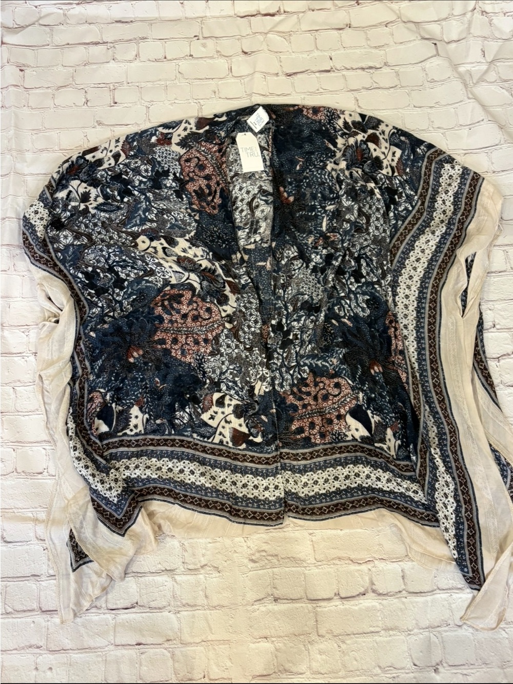 Time and Tru Navy Floral Kimono with Cream and Rust Accents